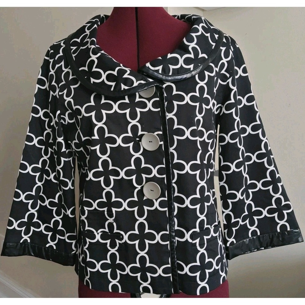 Debra Deroo XS Vintage Black White Blazer Quatrefoil Geometric Print 3/4 Sleeve